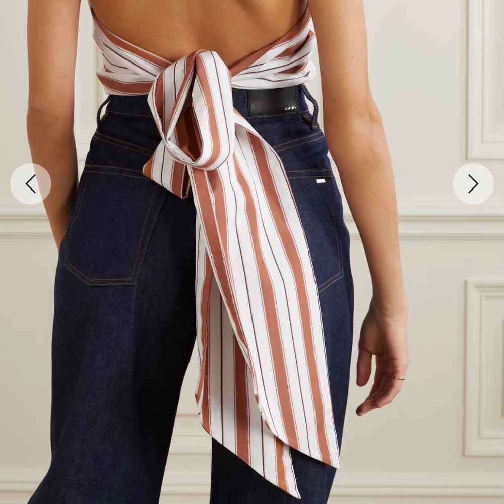 ROSIE ASSOULIN Cropped striped cotton poplin-trimmed cable-knit cotton halternec
